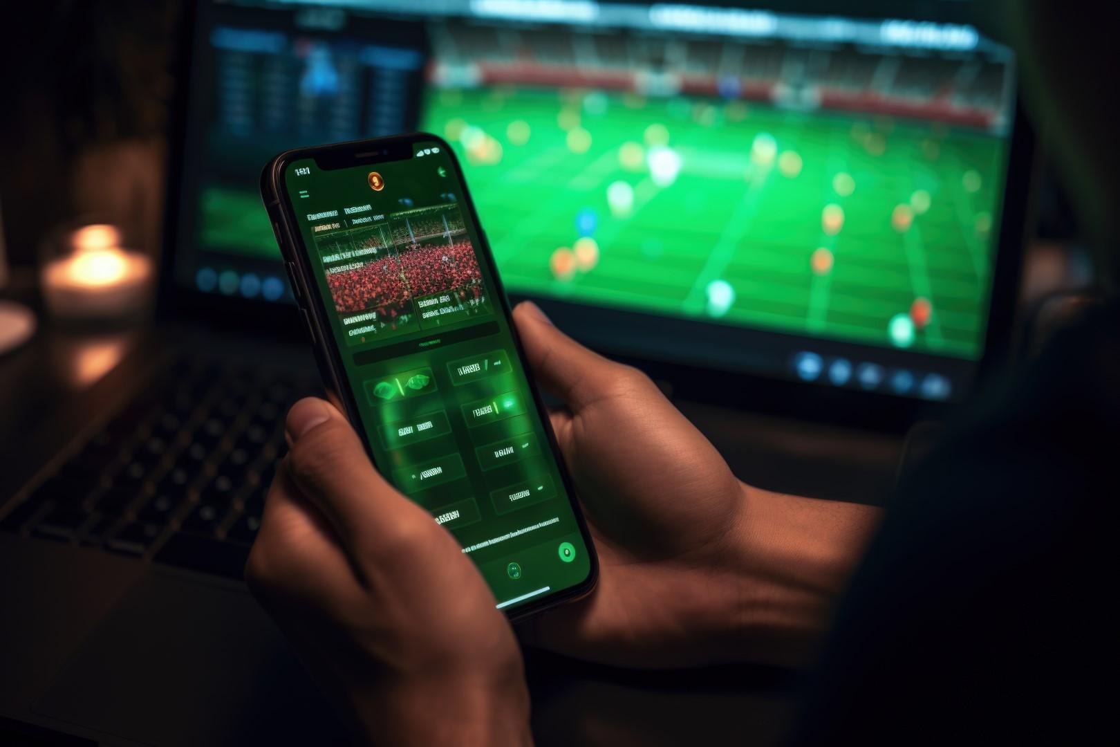 Pessoa assistindo um jogo de futebol na TV enquanto olha outras informações relacionadas em seu smartphone